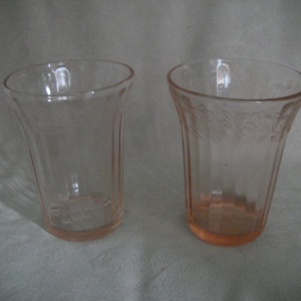 Pair of Jeannette CHERRY BLOSSOM Depression Glass flat 9 oz Tumblers